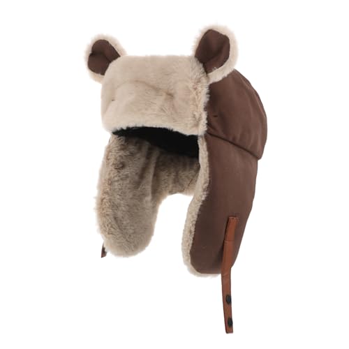 Mikinona Cute Bear Ear Winter Hat for Women and Unisex Plush Thermal Earflap Beanie Windproof Outdoor Headgear for Cycling Hiking and Skiing Adorable and Warm with Ear Protection Coffee