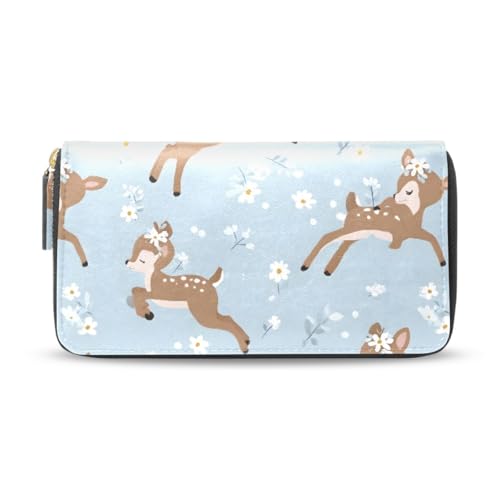 Long Wallets Leather Bifold Wallet for Women Sika Deer Blue with Zipper Credit Card Holder Large Capacity