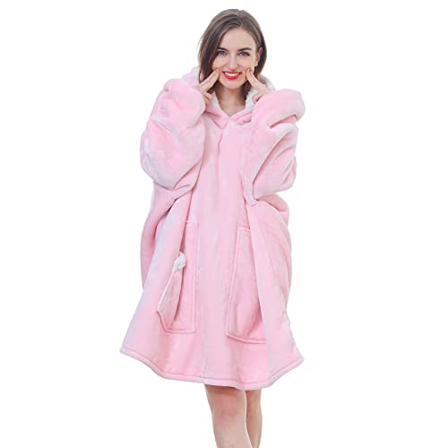 Kipswiza Oversized Wearable Blanket Sherpa Fleece Thick Warm Hoodie Blanket Giant Hooded Sweatshirt Blanket for Women Wife Mom Daughter Girls Gift - Pink