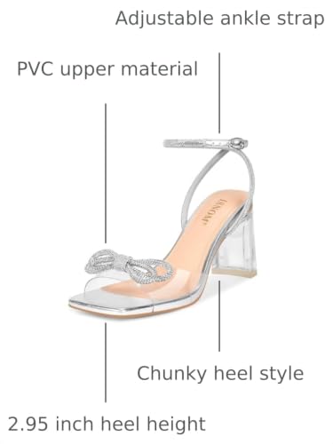 Image of ISNOM Clear Heels for Women with Square Toe, Wedding Heels with Bow | Chunky Heels, Sparkly Heels, PVC, Party, Festive, Gift, Paired with Daily Wear, Wearing It All Day