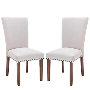 COLAMY Upholstered Parsons Dining Chairs Set of 2, Fabric Dining Room Kitchen Side Chair with Nailhead Trim and Wood Legs – Beige