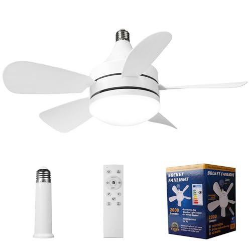 Socket Fan Light - Ceiling Fans with Lights and Remote Control, 3 Colors 3000K-6500K, 2000 Lumens,Powerful Airflow Quiet Fan Light Bulb Screw in Ceiling Fan for Bedroom, Living Room, Kitchen