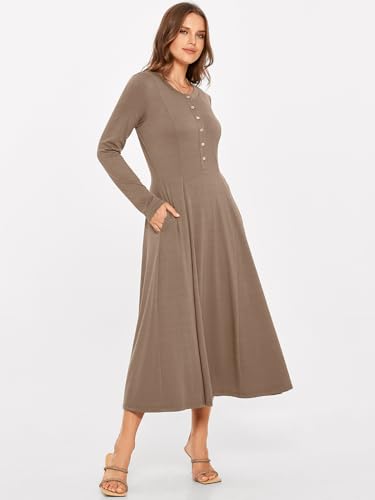 Glamaker Womens Long Sleeve Midi Dresses 2025 Fall Casual Crew Neck Button Down Fit & Flare Long Flowy Dresses with Pockets3