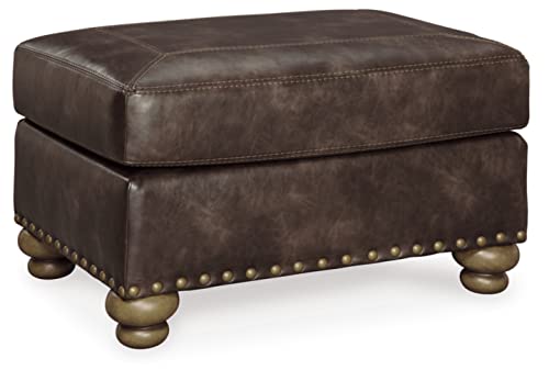 Signature Design by Ashley Nicorvo Traditional Faux Leather Ottoman with Gold Nailhead Trim, Brown