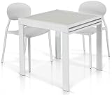  Mar.c.a. Design i - Mesa consola extensible moderna hasta 180 cm, tapa de cristal blanco mate, base de metal y estructura de color blanco óptico. Medidas: 70 x 70 x 75 cm