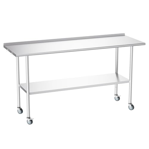 Image of Atelicf NSF Stainless Steel Prep Table 24X72 inch, Backsplash & Casters | Mobile commercial-grade table for restaurants, kitchens, food trucks, breweries, bars, garages, and BBQ
