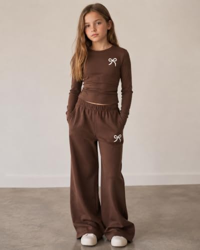 Image of Tween Girls Clothes Long Sleeve Bow Knot Print Top + Wide Leg Pants 2 Piece Outfit Set, Size 7-16 Years