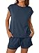 REORIA Damen Rundhalsausschnitt Jogginganzug Kurzarm Zweiteiler Trainingsanzug Hausanzug Sport Set Elegantes Outfit Lounge Set Marineblau L