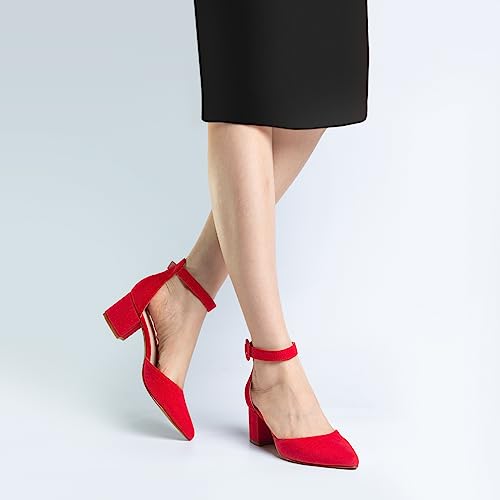 Image of Ankis Closed Toe Heels for Women -Black Nude Gold Silver Pointed Toe Heels Low Block Chunky Women Pumps with Ankle Strap -2.25 Inch