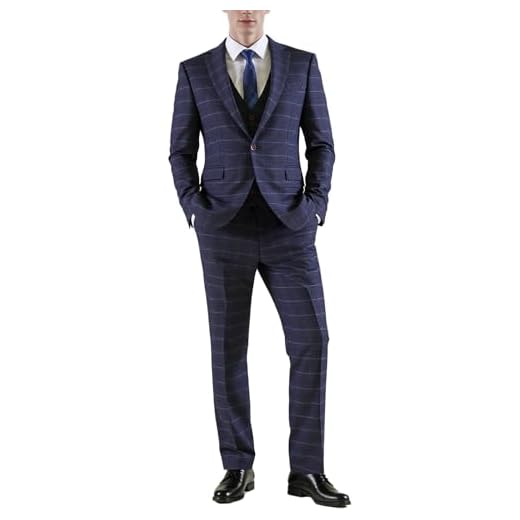 UNINUKOO Terno masculino xadrez 3 peças slim fit smoking xadrez negócios formal preto azul terno para homens, Preto, azul, 48