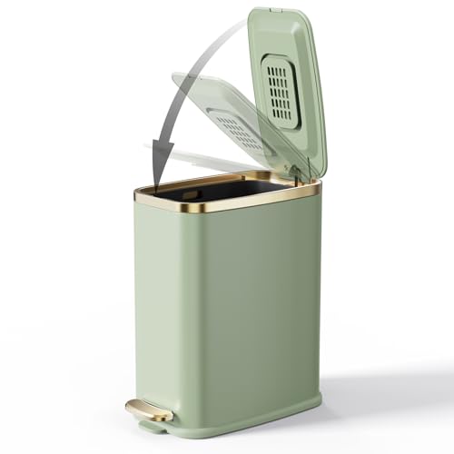 CEROELDA Small Bathroom Trash Can with Lid Soft Close-5L/1.3 Gal Slim Garbage Can-Metal Step Wastebasket-Rectangle Narrow Waste Bin for Office, Bedroom, Toilet, Live Room-Green