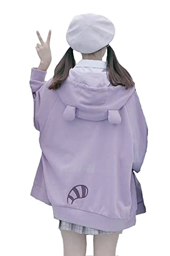 VIGVAN Autumn Zipper Hoodie Cute Rabbit Ears Hoodie Kawaii Women Oversized Hoodies (Purple, XX-Large)