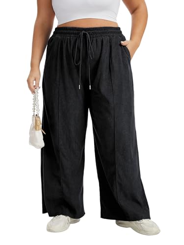 Moon Wood Pantalones Anchos Mujer de Pana Pierna Recta Pantalones Invierno Otoño Cintura Alta Pantalones Corduroycon Bolsillos Talla Grande Negro 5XL