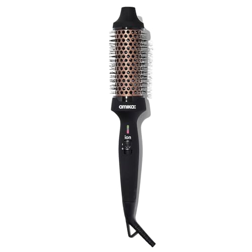 amika blowout babe thermal brush - hot brush for hair styling with 1.5 inch ceramic barrel + nylon bristles - heated hair styler + curler with ionic generator for frizz-free shine - up to 232 degrees