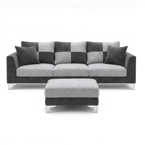 Image of Romeo Rich 4 Seater L Shape Sofa Set with Movable Ottomans | Flexible Layout | Velvet Suede Fabric | Golden Aesthetic Legs | Dual Tone Modern Sofa for Living Room (Dark Grey-Light Grey)