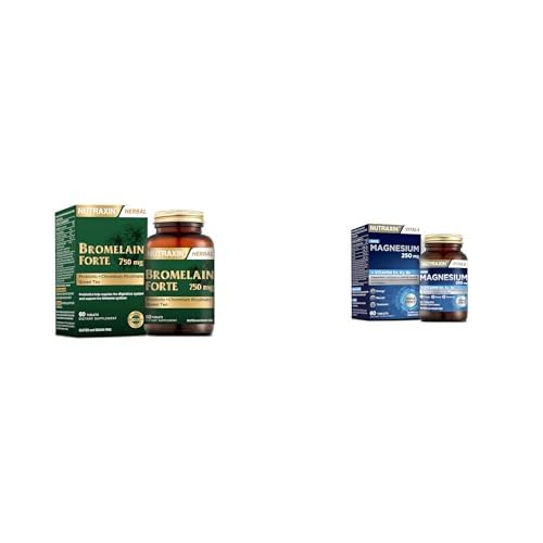 Nutraxin Bromelain Forte – 750 mg Bromelain, Yeşil Çay Ekstresi, Krom ve Probiyotik İçeren Tablet – 60 Tablet + Nutraxin Magnesium Daily 250 mg | Magnezyum, D3K2 ve B6 Vitaminli| 60 Tablet