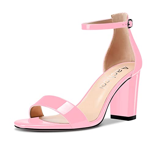 Aachcol Damen Sandalen Peep Open Zehenkappe Knöchelriemen Chunky Blockabsatz Mittlerem Absatz Heel Schuhe Party Rosa Lackleder 8.5 CM 39 EU