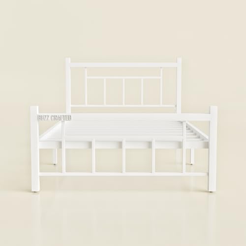 Image of Single Size Metal Bed Frame | SingleMetal Bed for Adults | Heavy Duty Iron Bed | Steel Bed Single | Single Metal Cot | Platform Bed | White MetalBed | Strong Steel Slats | No Box Spring Needed