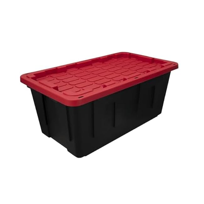 4 Pack, 27 Gallon Large Storage Bin, Plastic Storage Container with Stackable Snap-On Lid, Black and Red