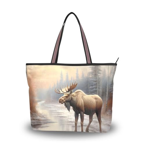Women Tote Bag Purse Winter Moose Print with Zipper, Patterned Handbag Reusable Grocery Bag Large Size