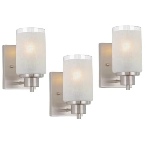 Eidonta 3 Pack Bath Vanity Light Fixture, Modern Indoor Wall Scone Lighting White Linen Frosted Glass Shades with Brush Nickle Finish Wall Lamps for Bathroom Kitchen Entryway Bedside Cover