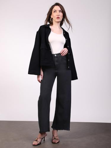 Image of Urbano Fashion Women's Black Regular Fit Wide Leg Washed Jeans