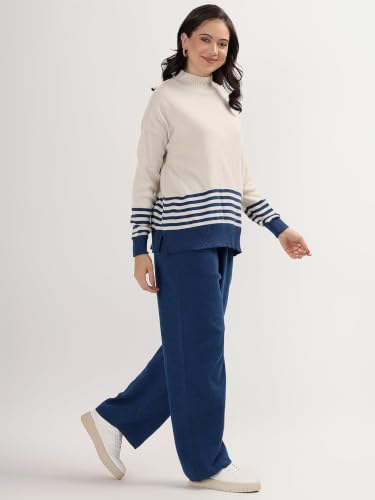 Image of Kvetoo Women Winter Coord Set Wool Blend Tracksuit High Neck Sweater and Wide Leg Pants Warm Knitwear Pyjama Set for Casual Office Travel Wear