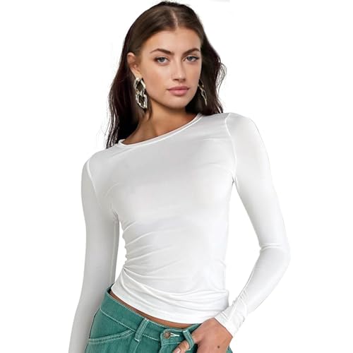 Women Basic Tops, Long Sleeve Crewneck Slim Base Layer Fit Y2K T Shirts, Fashion Going Out Crop Clothes for Ladies Girls