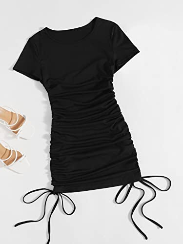 Milumia Women's Casual Short Sleeve Ruched Bodycon Mini Dress Drawstring Short T Shirt Dress Black Plain Large #TOP2