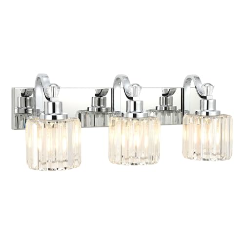 Image of GAOMON LED Modern Crystal Bathroom Vanity Lights Over Mirror, Chrome Bathroom Light Fixtures Wall Light (3-Light)