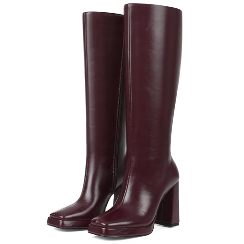 mikarka Knee High Boots Women Block High Heel Tall Boots Side Zip Square Toe Vegan Leather Heeled Platform Long Fall Boots