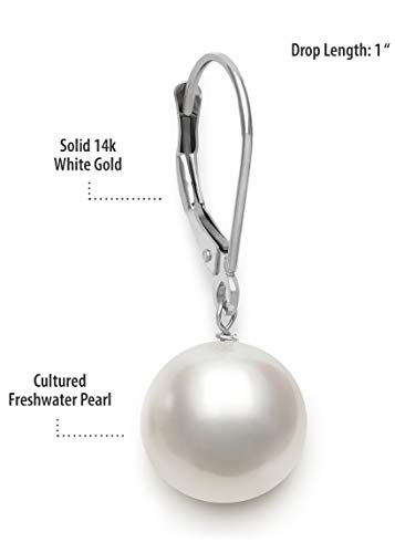 Belacqua White Cultured Freshwater Pearl Round Dangle Drop Earrings in 14K White Gold, Leverback - Closure, Real Pearl Jewelry for Women, Gift Box Included3
