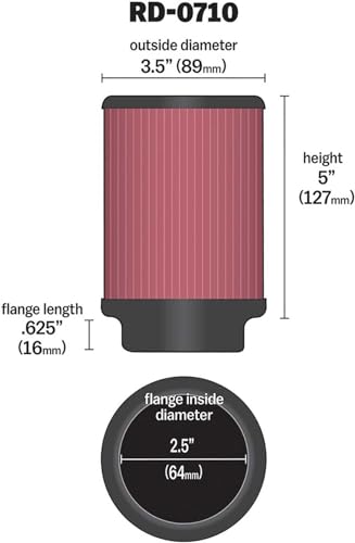 Image of K&N High-Flow Original Lifetime Universal Clamp-On Air Filter: High Performance, Premium, Washable: Flange Diameter: 2.5 In, Filter Height: 5 In, Flange Length: 0.625 In, Shape: Round, RD-0710