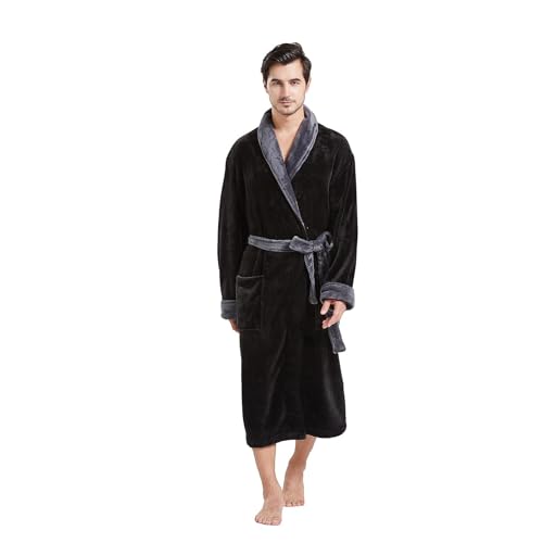 Peignoir homme flanelle polaire contre le froid : robe de chambre noire col châle