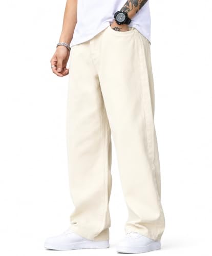Generic Men's Cream Wide Leg Cotton Casual Jeans (White) - Image 2