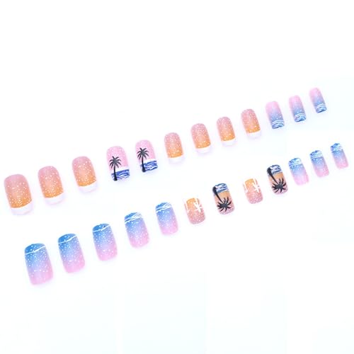 Summer Press On Nails Short Square, White French Tip Fake Nails with Ocean Wave Gradient and Coconut Tree, Beach Sunset False Nails Glossy Finish Glue On Nails for Women,12Sizes-24 Nail Kit — view 3