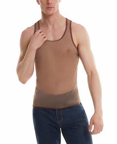 FEOYA Men's See Through Tank Top Sheer Mesh Shiny Crop Top Sleeveless Stretchy Lace Muscle Shirts2