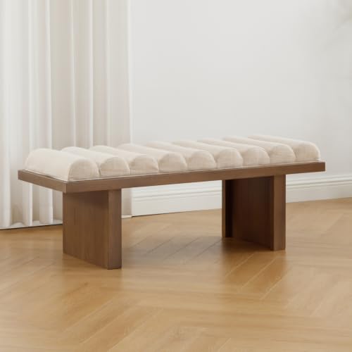 CIMOTA Modern Bedroom Bench, 47 Inch Upholstered End of Bed Bench Padded Entryway Bench with Cylindrical Cushion/Wood Legs, Wooden Window Bench for Living Room/Hallway, Linen Beige - image 5