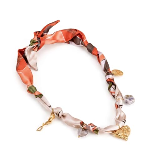 RINHOO Scarf Necklace for Women Adjustable Bandana Choker Silk Necklace with Stainless Steel Charms Boho Beach Holiday Jewelry (Style 2-Heart)