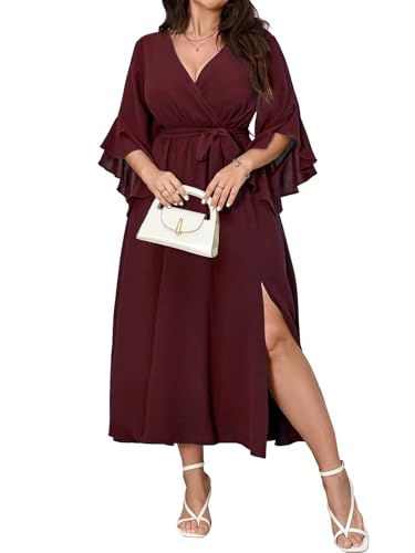 Womens Plus Size Dress Wedding Guest Cocktail Ruffle Half Sleeve Wrap V Neck Slit A Line Maxi Dresses with Belt