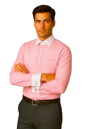 Image of Men's Premium Cotton Formal Dress Shirt - White Collar & French Cuffs with Cufflinks | Solid White, Micro Check & Striped for Office, Wedding