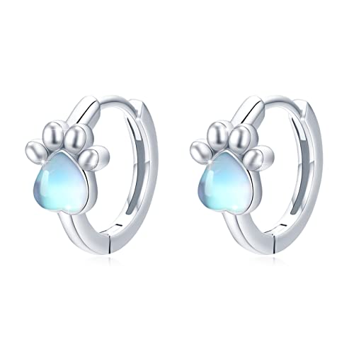 Paw Print Earrings 925 Sterling Silver Moonstone Paw Hoop Earrings Puppy Dog Cat Paw Print Earrings Animal Huggie Earrings Paw Print Jewelry Gift For Women Girls Pet Lover #TOP6