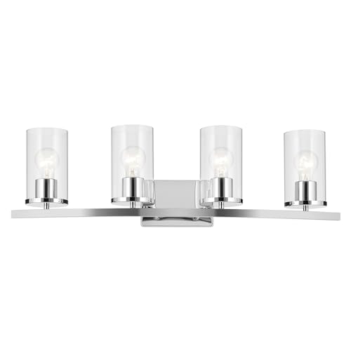 Image of Kichler Crosby 4-Light Bathroom Vanity Light Fixture with Clear Glass in Chrome, Modern Wall Mount Over Mirror Lighting for Bathroom, 31.25 inch x 8.75 inch, 45498CHCLR