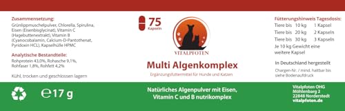 Vitalpfoten 75 Multi Algenkomplex Kapseln für Hunde und Katzen mit Chlorella, Spirulina, Grünlippmuschel, Eisen, Vitamin C & Vitamin B nutrikomplex - Energie & Nerven - Vitamin-B und Eisentabletten