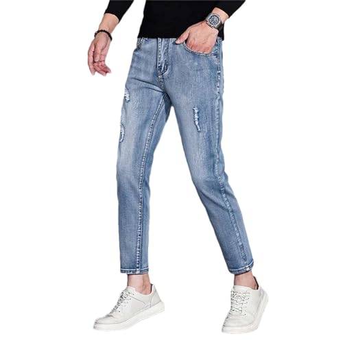Hndudnff Men's Stretch Soft Washed Skinny Jeans Slim Distressed Trendy Ankle Length Denim Pants