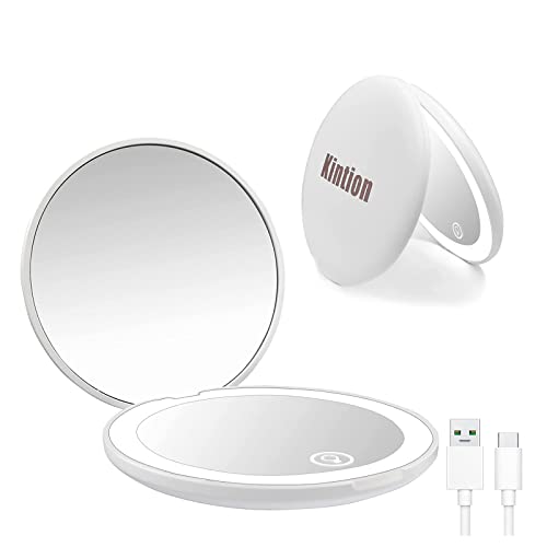 Kintion Compact Mirror with Light, 1X/10X Magnification Travel Mirror, Rechargeable Pocket Mirror LED Purse Mirror, 2-Sided, Folding, Handheld, Round, Small Makeup Mirror with Light for Gift (White)