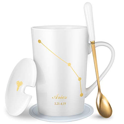 Fullcci-15oz Birthday Gift Creative Constellation Aries Coffee Mug Set March 21 to April 18 Capacity Upgrade Tea Cup for Cocoa Water Milk Juice (Aries-White)