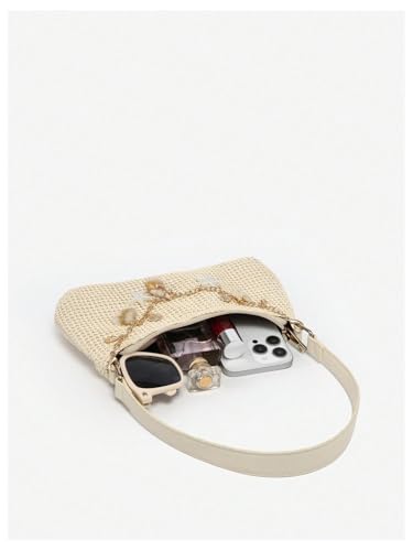 QWINEE Women's Seashell Pearl Beaded Woven Underarm Shoulder Bags Beach Vacation Top Handle Zipper Single Strap Handbag4