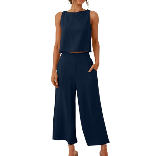 Awrvia Zweiteiler Sommer Damen 2025 Elegant Hosenanzug Ärmello Kurzarm Top und Hosen Outfit Set Modische Einfarbig Freizeitanzug Baumwolle Loungewear mit Taschen Weite Bein Hosenanzüge