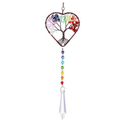 cobee Rainbow Heart Shaped Sun Catcher, Crystal Tree of Life Suncatchers Hanging Ornament Chakra Stones Window Crystal Ball Prism Pendant Garden Home Car Decor